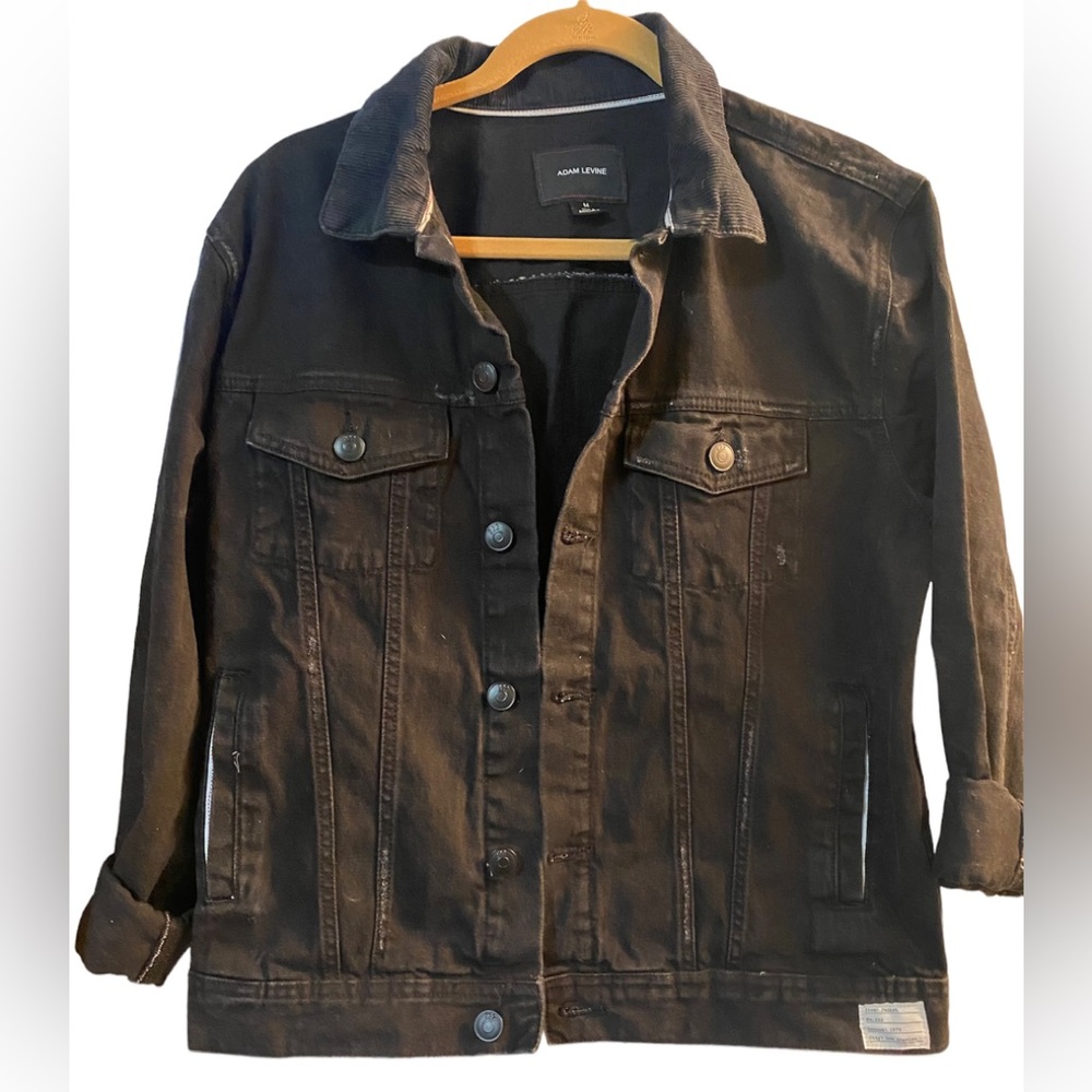 Adam Levine, mens size M, black denim jacket with corduroy collar, never worn.